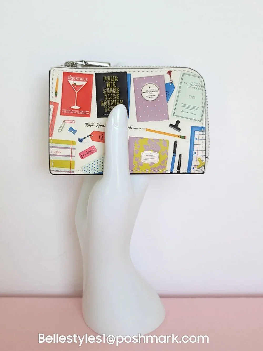 KATE SPADE Mini Zipper ID Card Case in Smooth Leather w Print-Cream multi⭐
